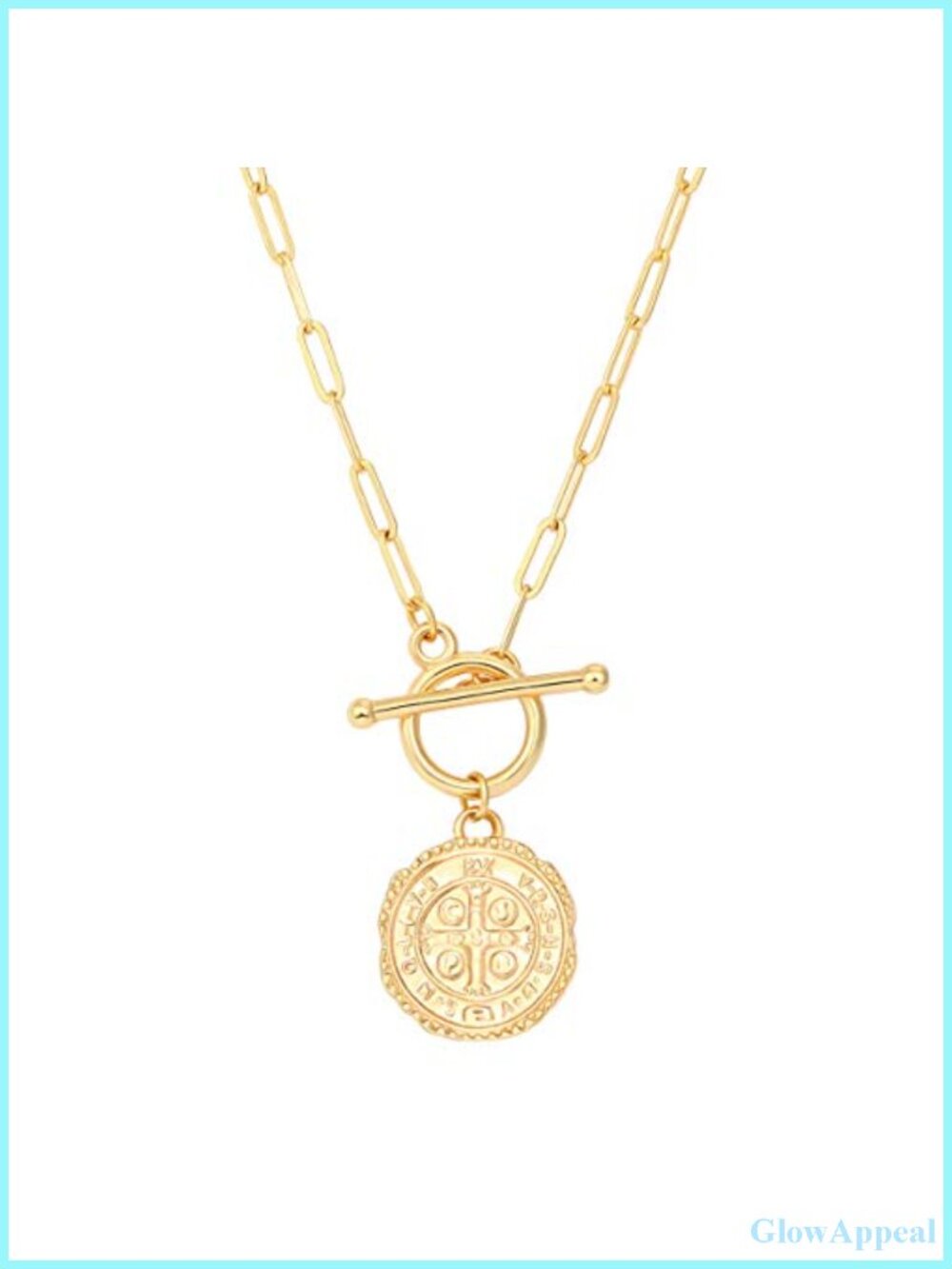Saint Benedict Pendant Necklace 18K Gold Plated Toggle Clasp Religious Jewelry